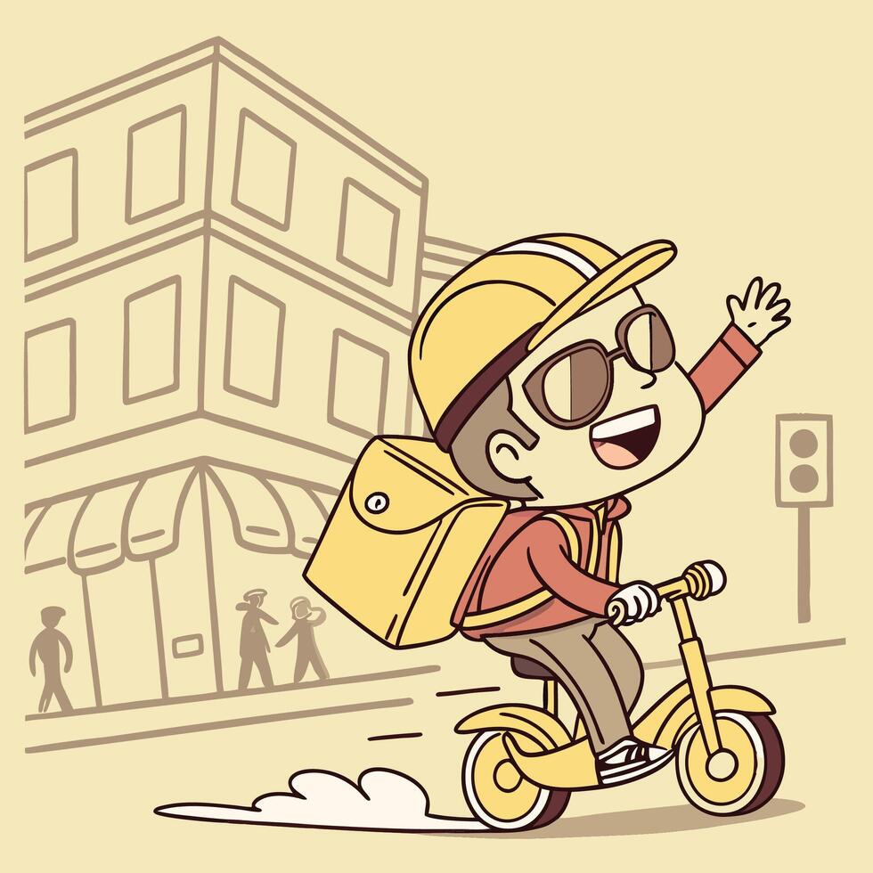 cartoon boy riding a scooter with a box on the back white background vector