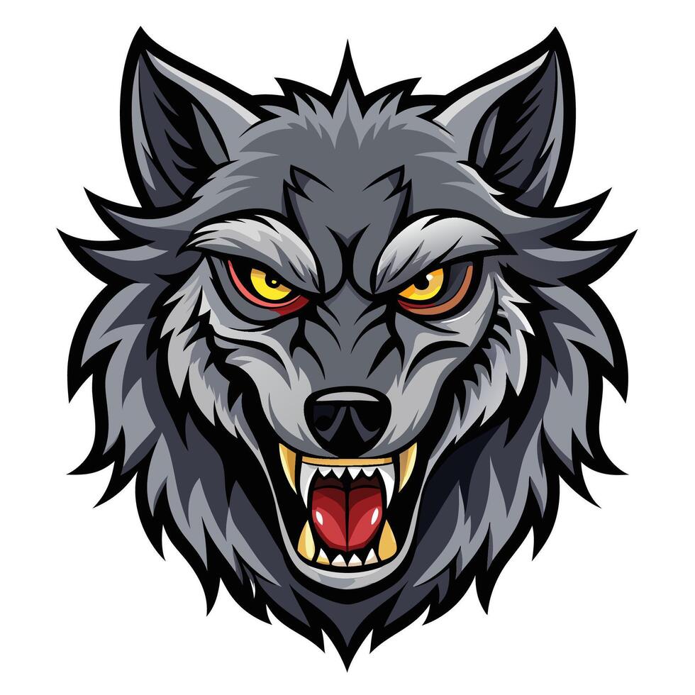 an angry wolf head with red white background vector