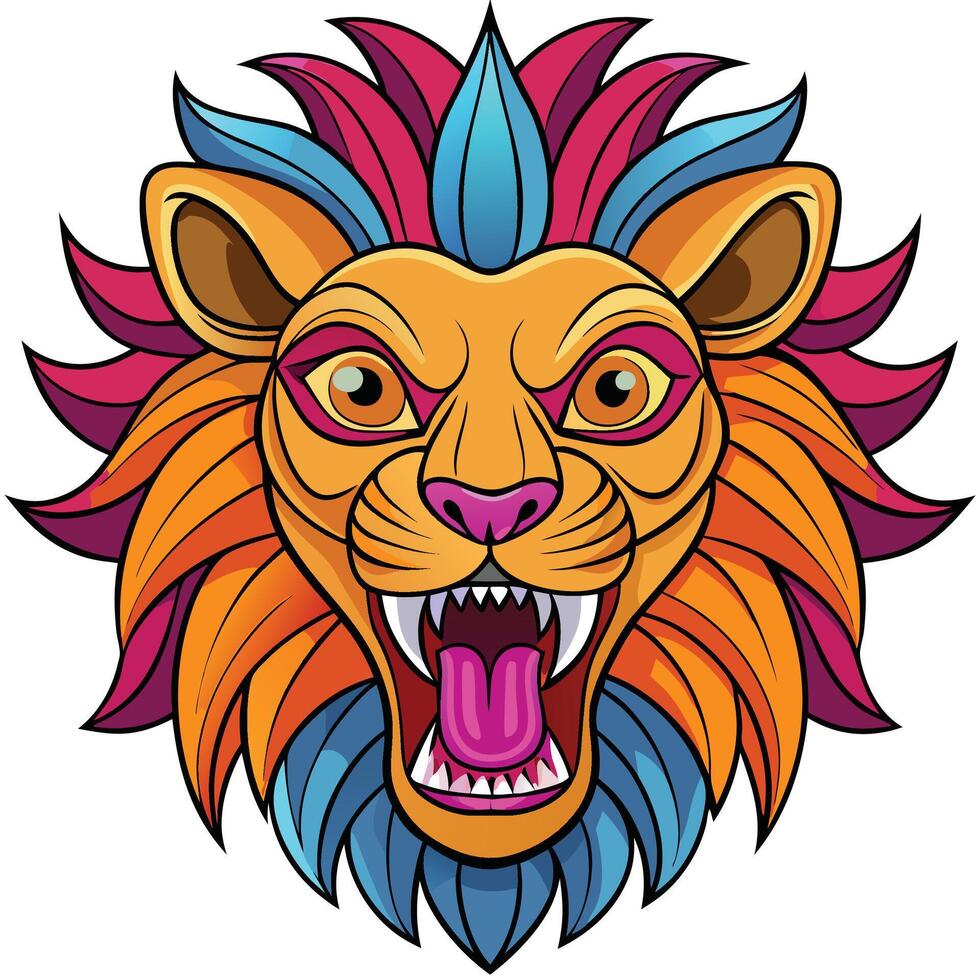 a lion head with colorful hair and open mouth vector