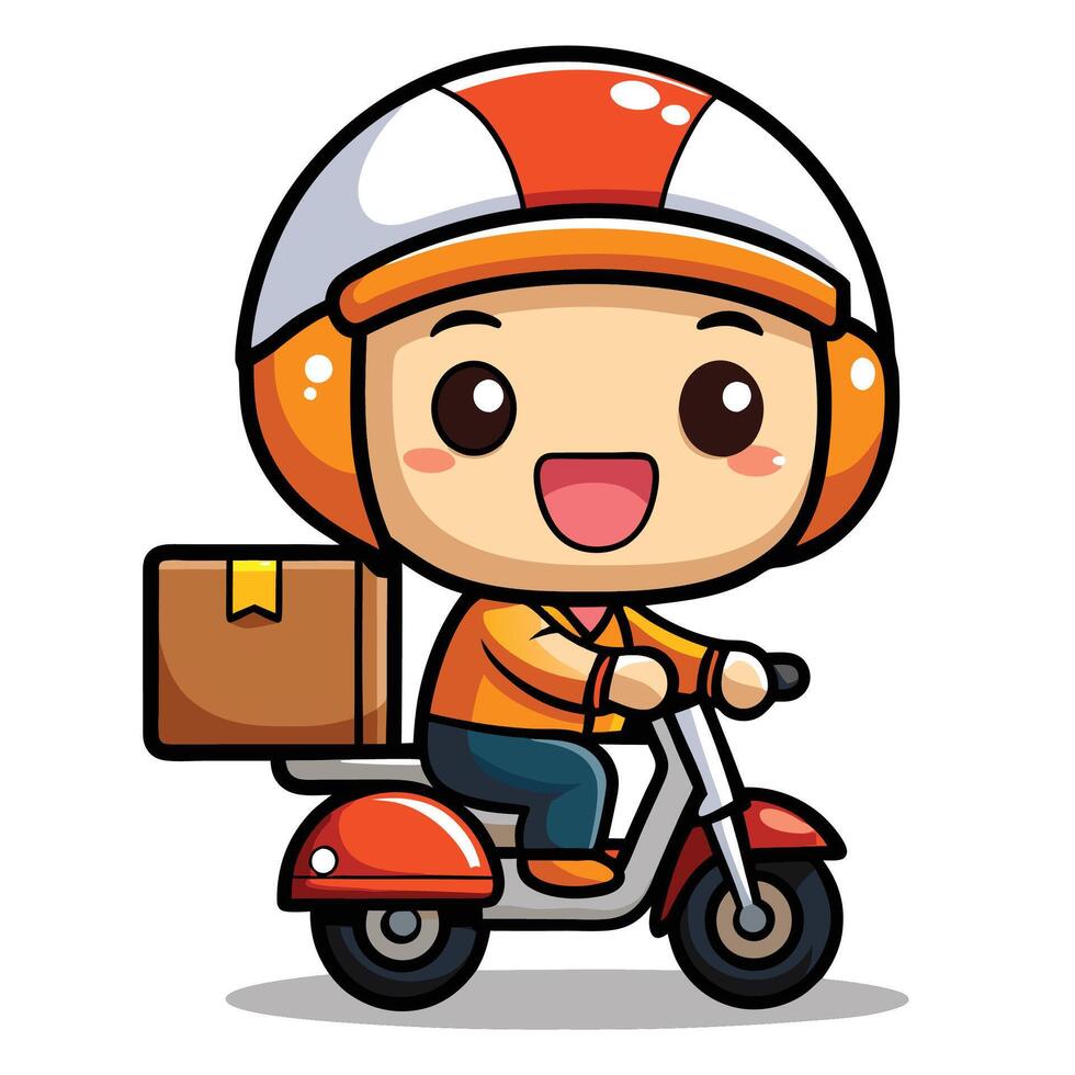 cartoon delivery boy riding a scooter with box on the back vector