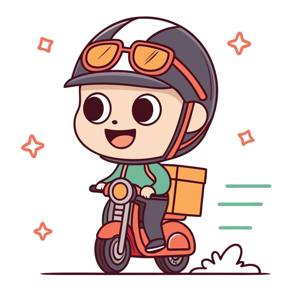 cartoon boy riding a scooter with a box on the back vector