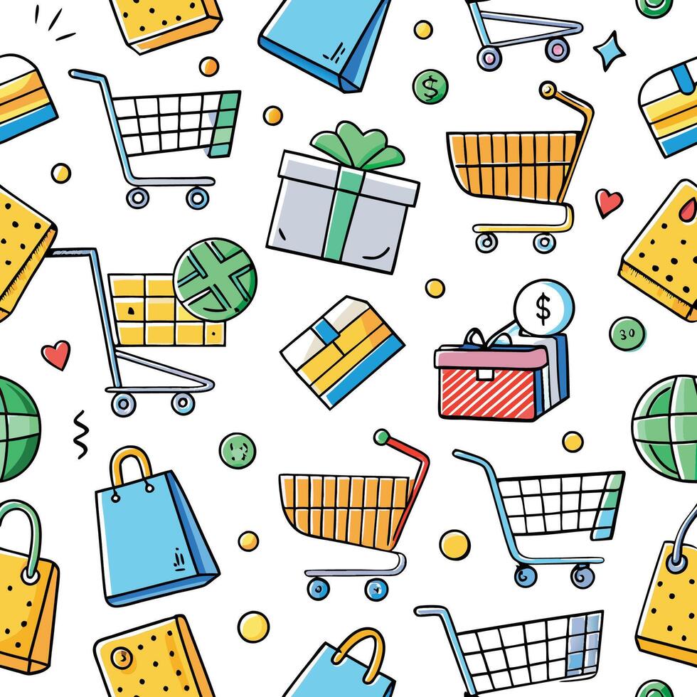 shopping seamless pattern with shopping cart, gift, and other items vector