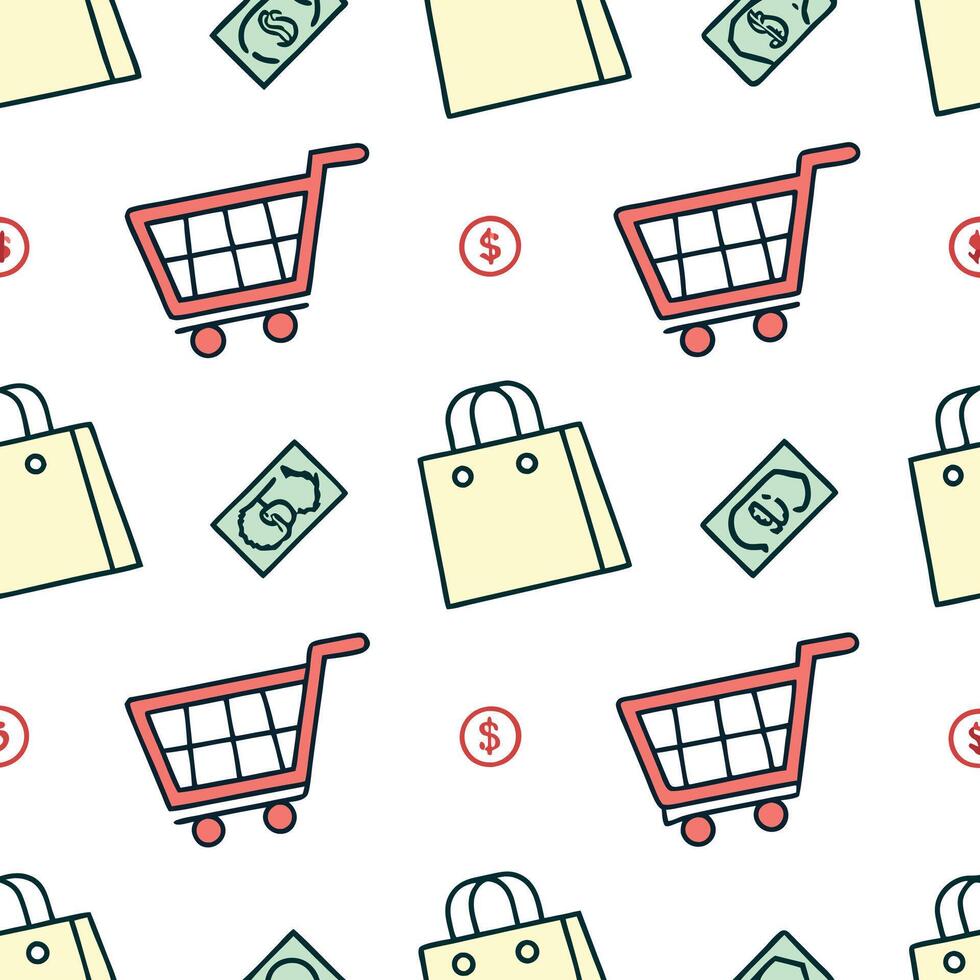 shopping cart and money. seamless pattern white background vector