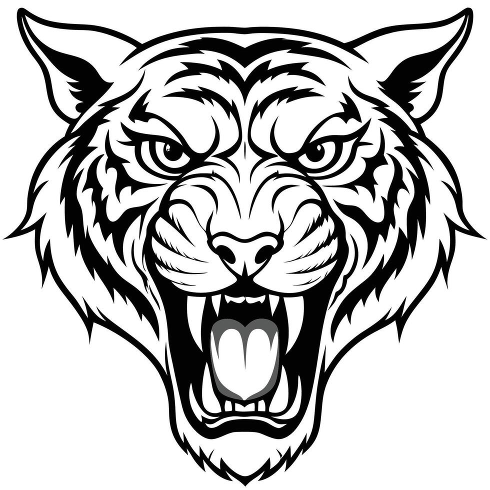 a tiger head with its mouth open and its teeth showing white background vector