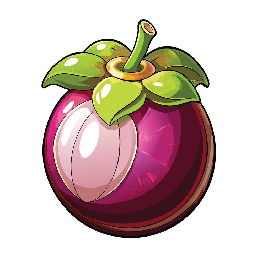 a cartoon purple fruit with green leaves vector