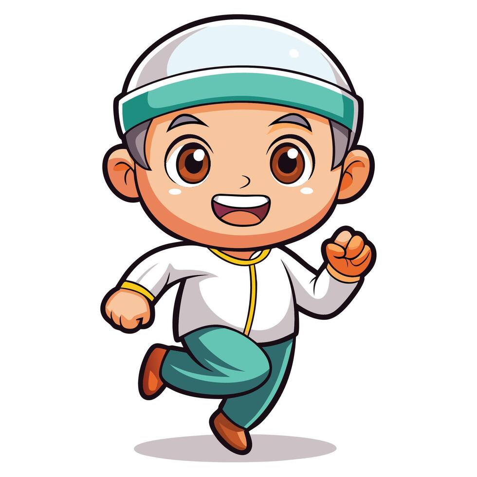 cartoon muslim boy running white background, illustration vector