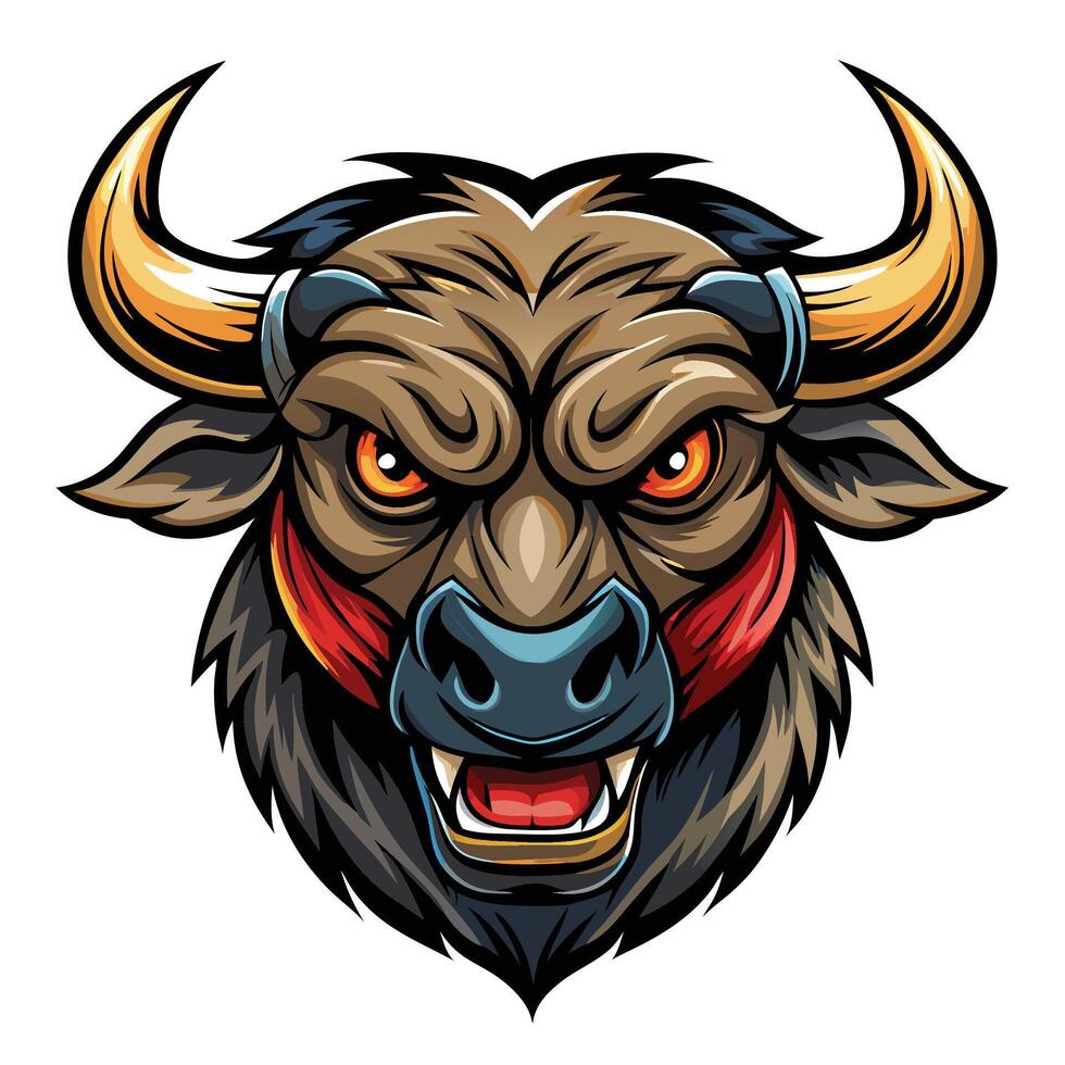an angry bull head with horns and a red bandana vector