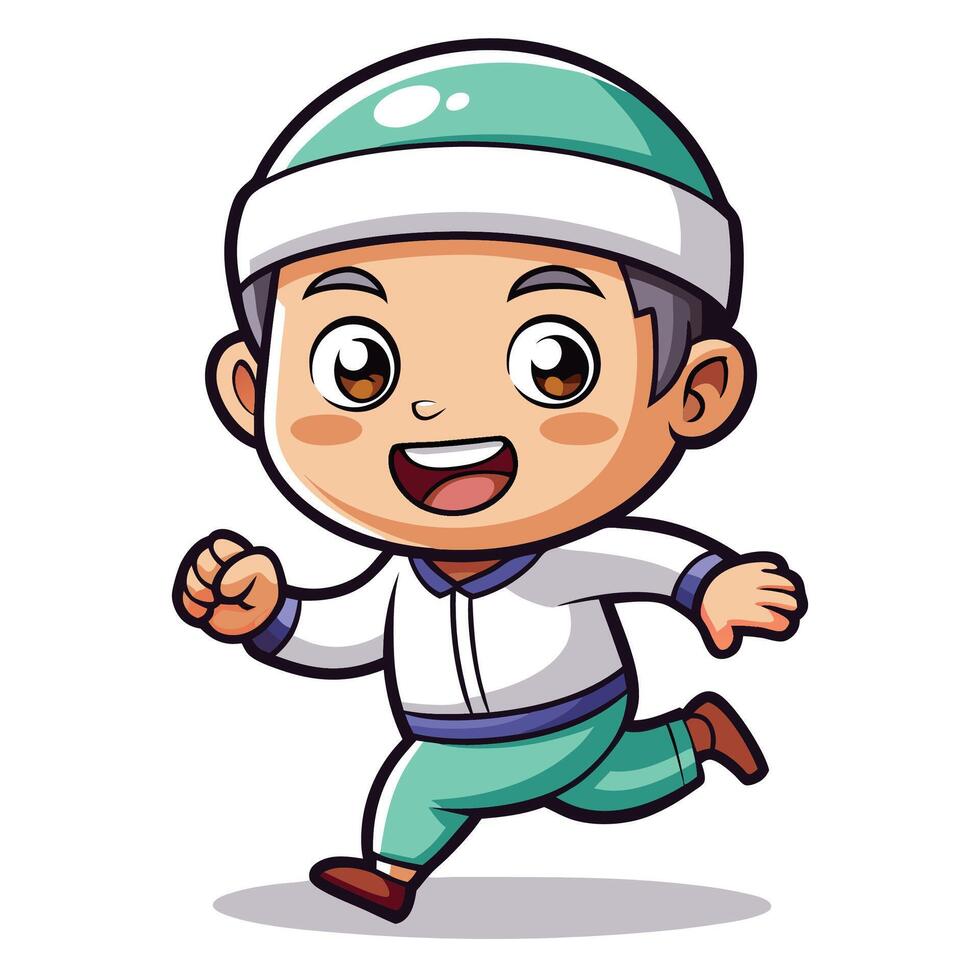 a cartoon boy white background running in a white hat vector