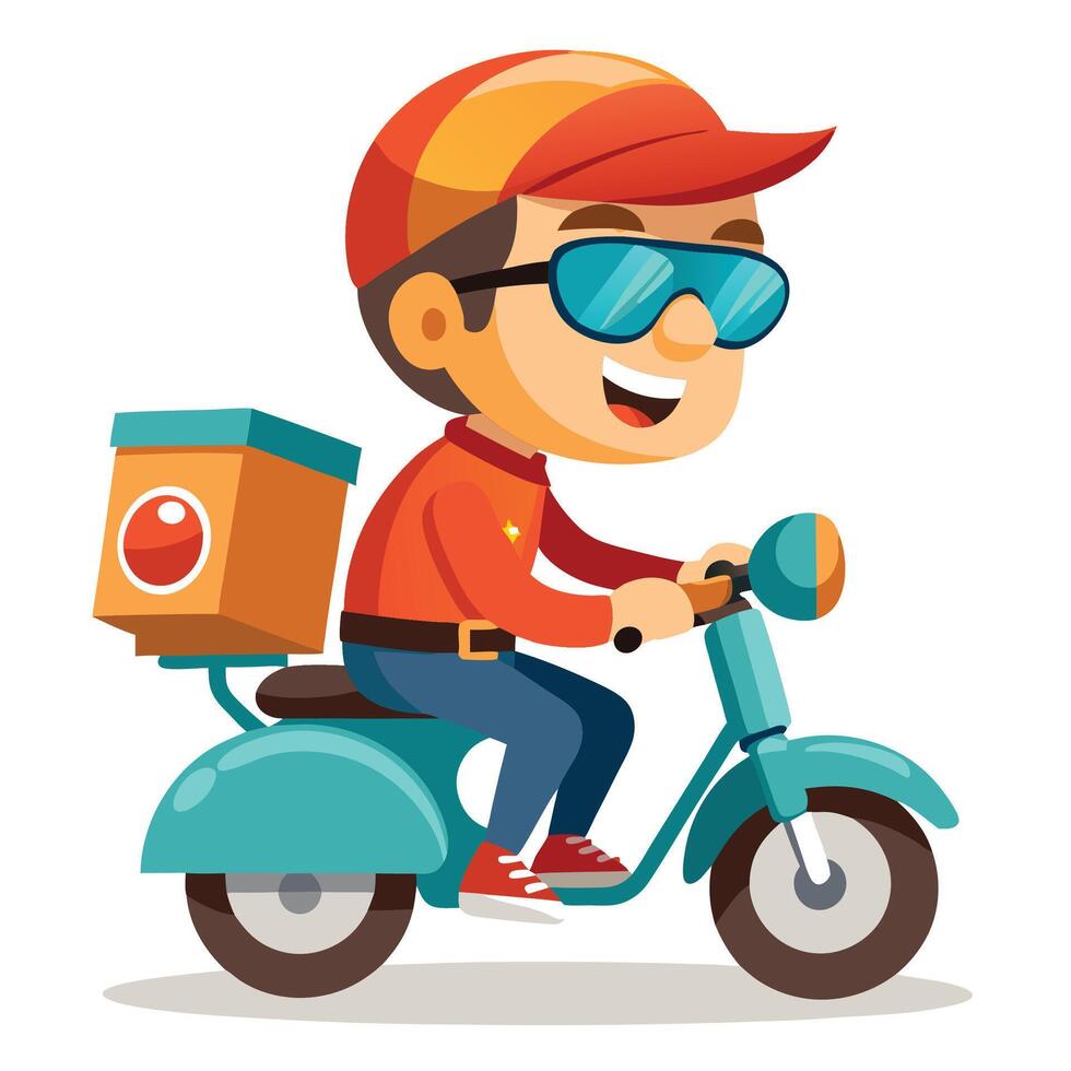 a cartoon delivery man riding a scooter with a box vector