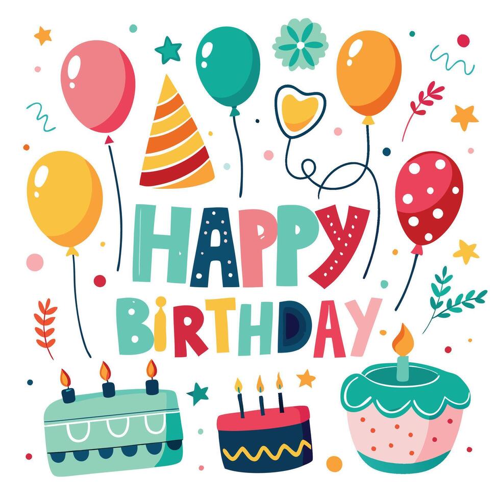 happy birthday with balloons and cake vector