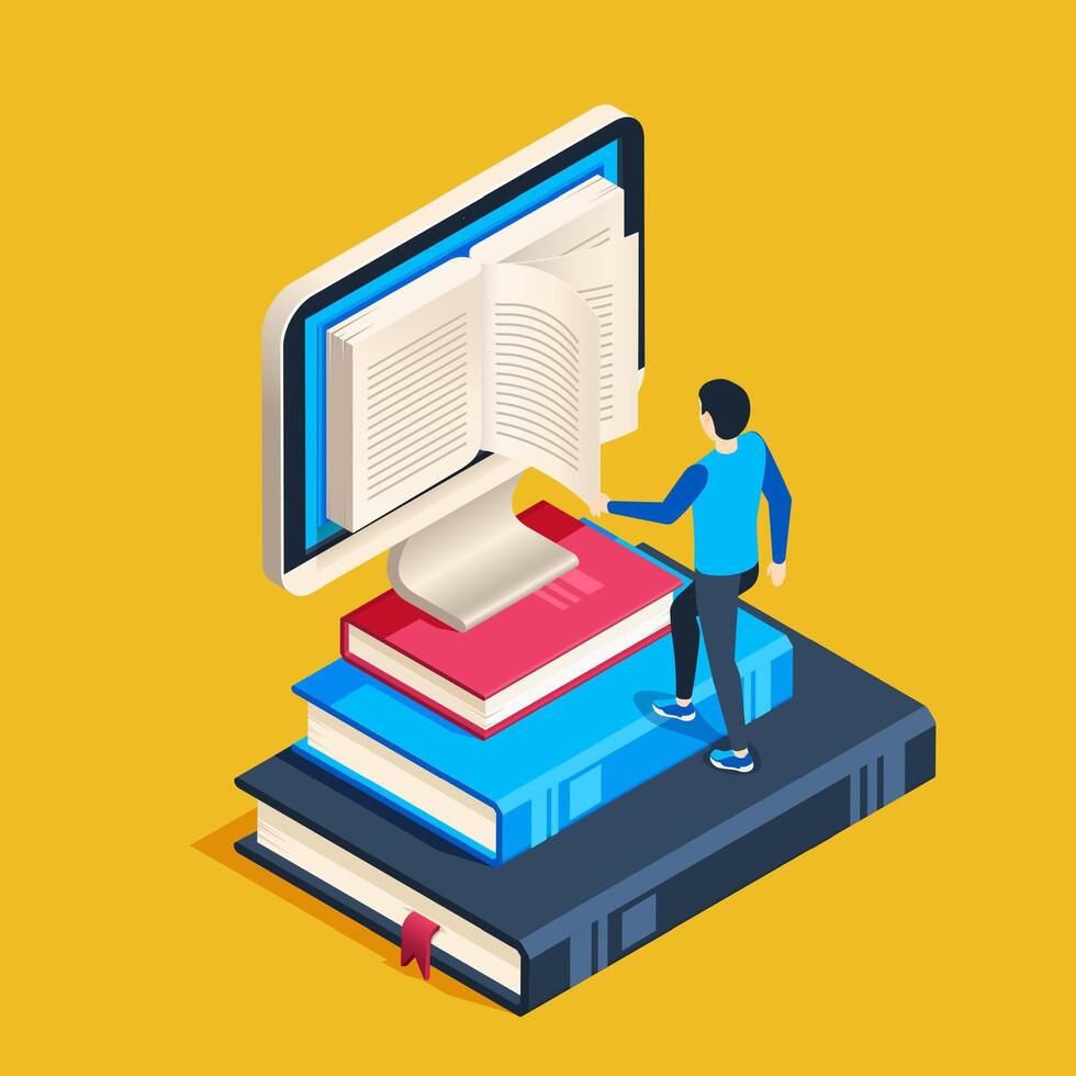 Student climbing a stack of books, reaching for an open book displayed on a computer screen, symbolizing the journey of online education and the pursuit of knowledge vector