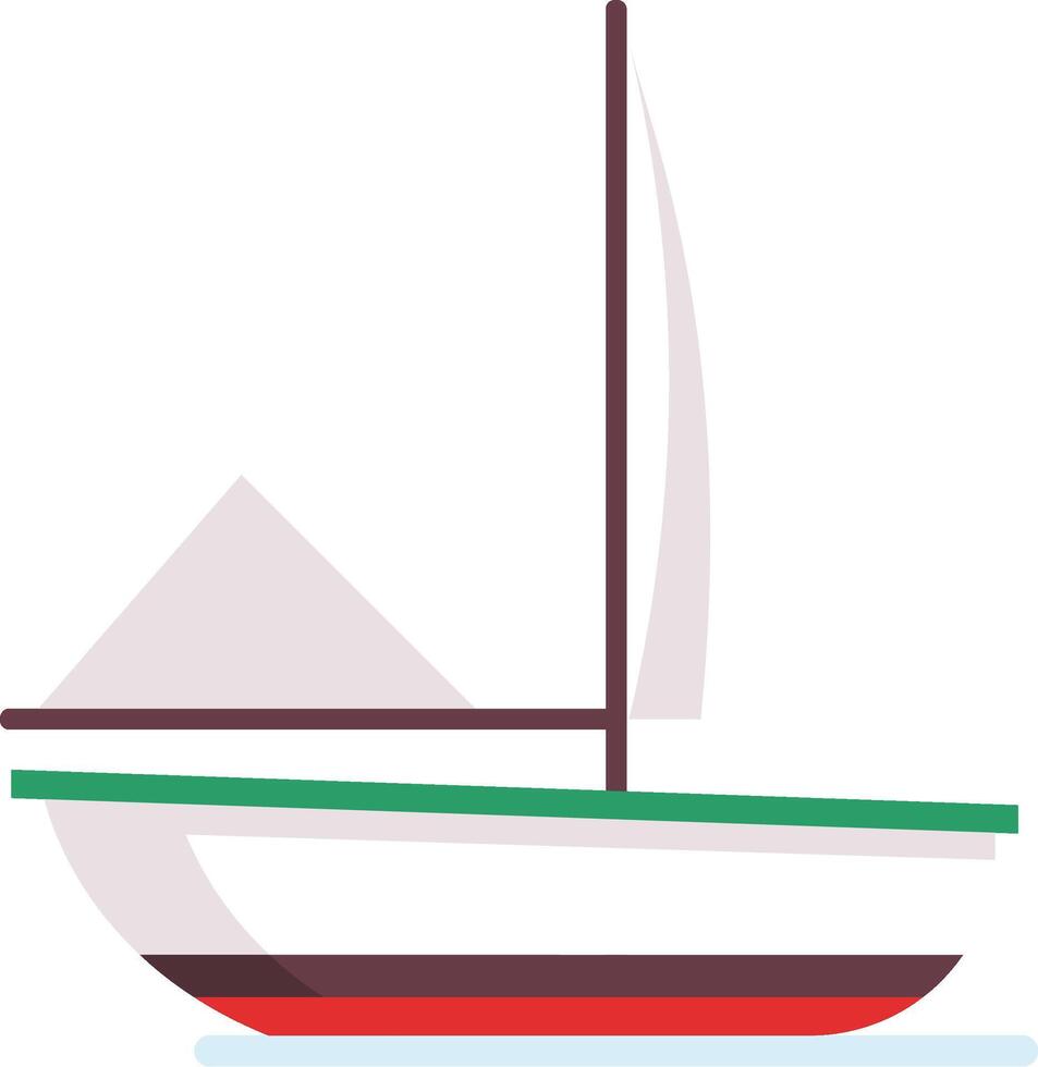 Small white and green sailing boat with a hoisted sail and tall mast, gently floating on calm water, featuring a simple flat design illustration that evokes a sense of leisure and adventure vector