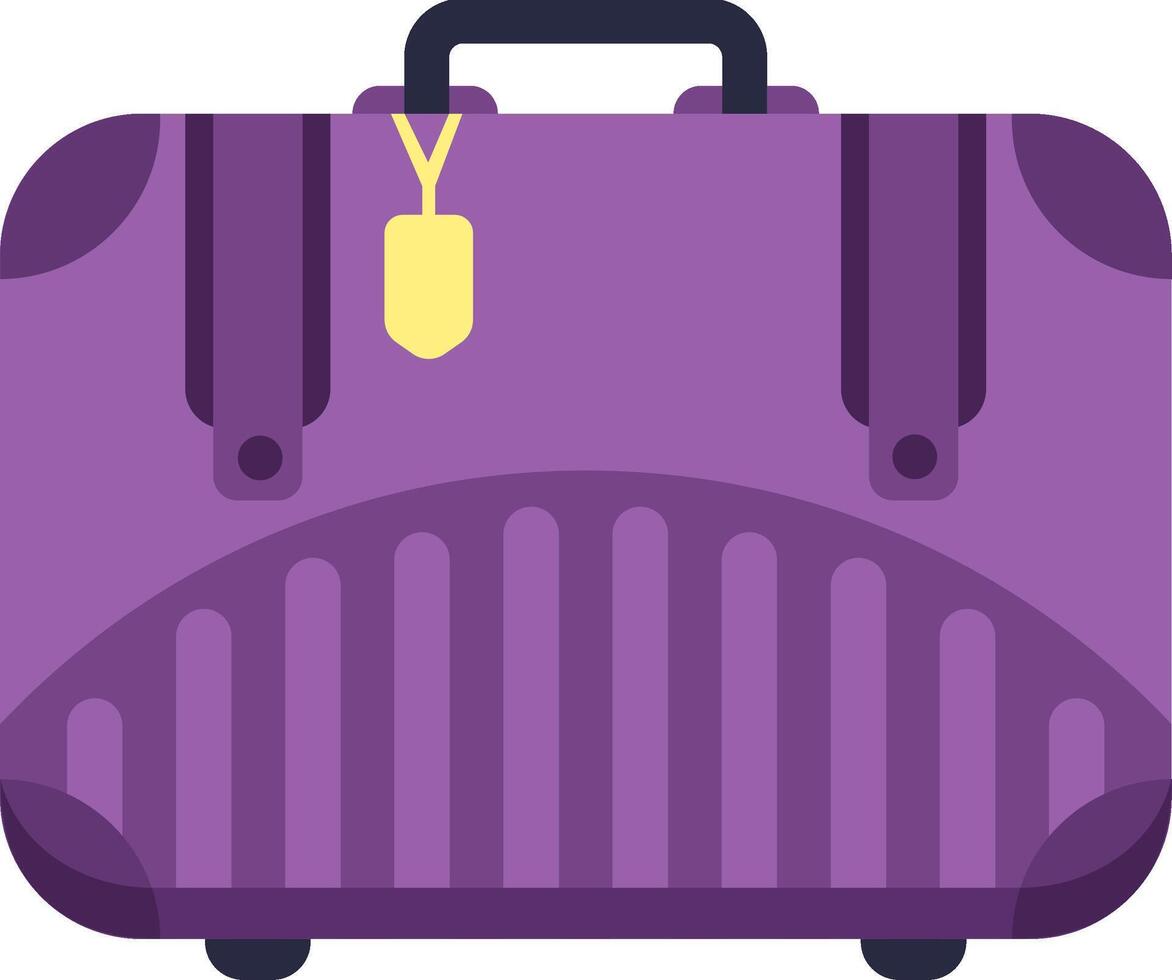Purple travel suitcase with a yellow tag and black handle resting on a white background, symbolizing tourism, vacation adventures, and business trips for modern travelers vector