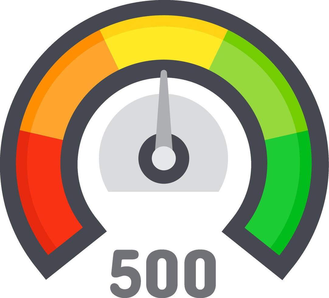 Speedometer with colorful sections pointing average performance with number 500 below, measuring speed, risk, performance, and other metrics vector