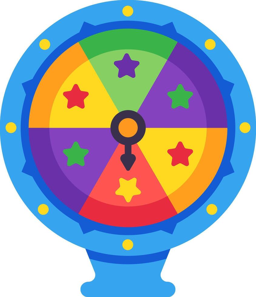 Spinning wheel of fortune displaying vibrant star prizes against a colorful backdrop, capturing themes of luck, gambling, and the excitement of chance in games and lotteries vector