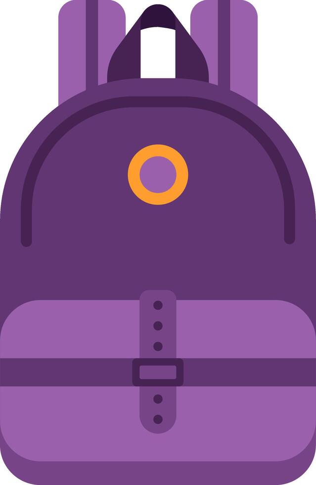Simple purple backpack featuring an orange circle design and a front pocket secured by a strap and buckle closure, ideal for students or travelers vector