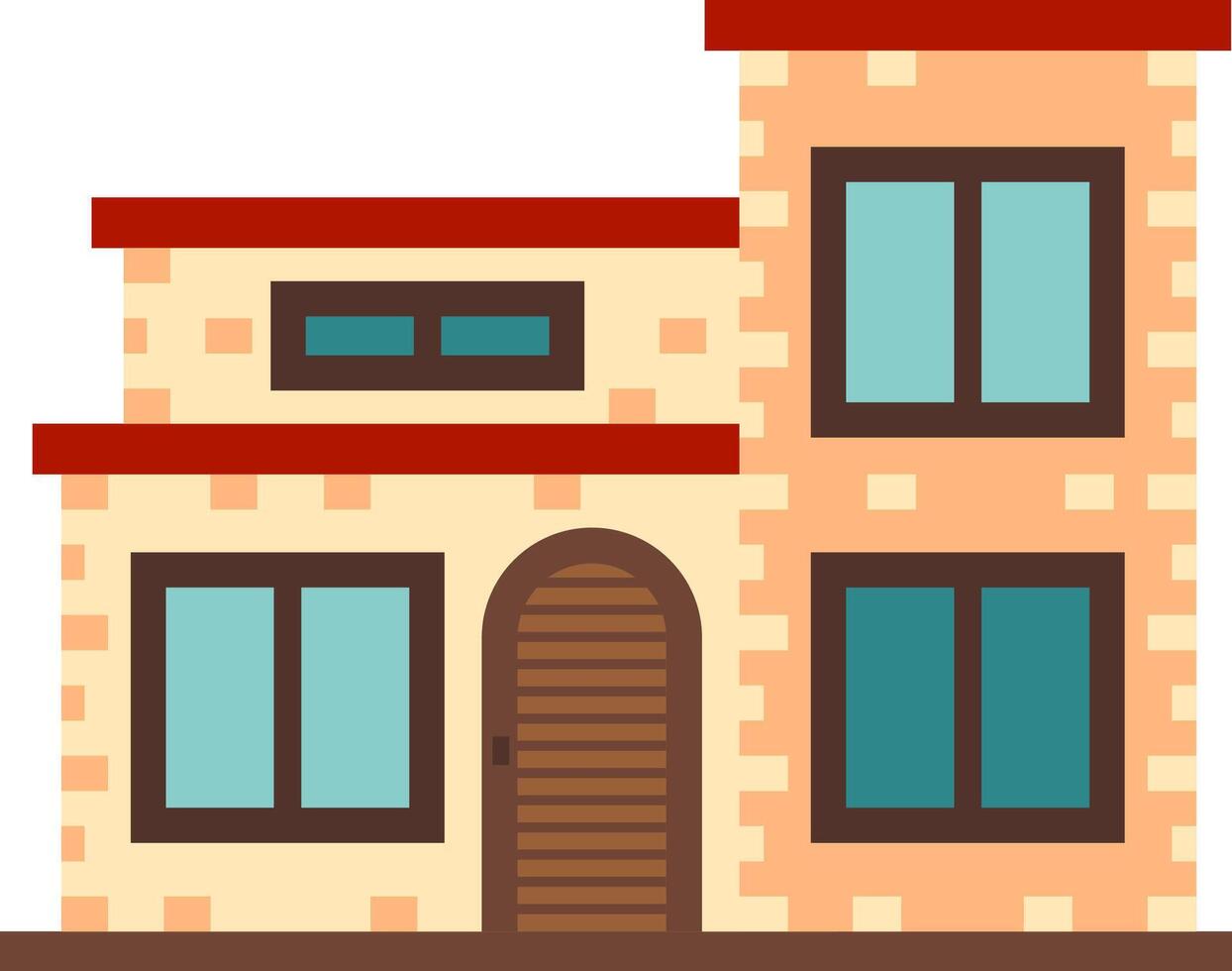 Two story house featuring a red roof, wooden door, and multiple windows, embodying classic residential design with a warm, inviting aesthetic vector