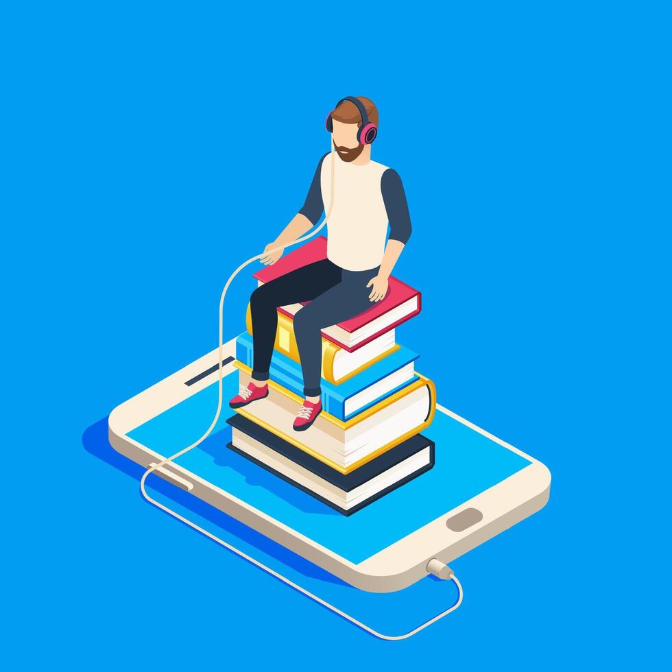 Online education isometric concept with student wearing headphones listening to audiobook sitting on pile of books connected to smartphone with cable on blue background vector