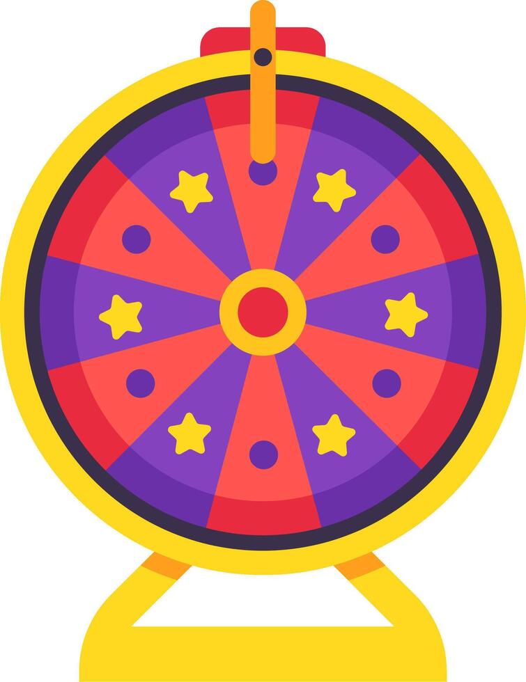 Wheel of fortune with purple and red segments decorated with golden stars spinning on yellow stand representing luck, chance and prize during lottery or gambling game vector