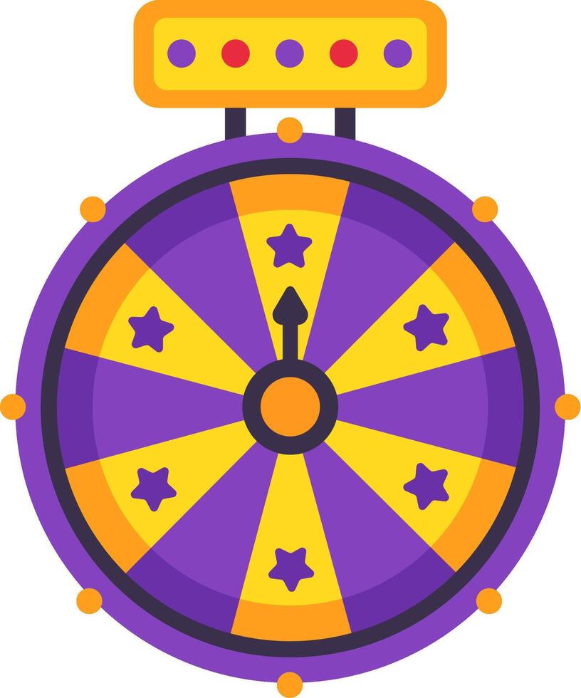 Colorful wheel of fortune spinning with stars on purple and orange sections and lights on top indicating a game of chance and prize winning vector