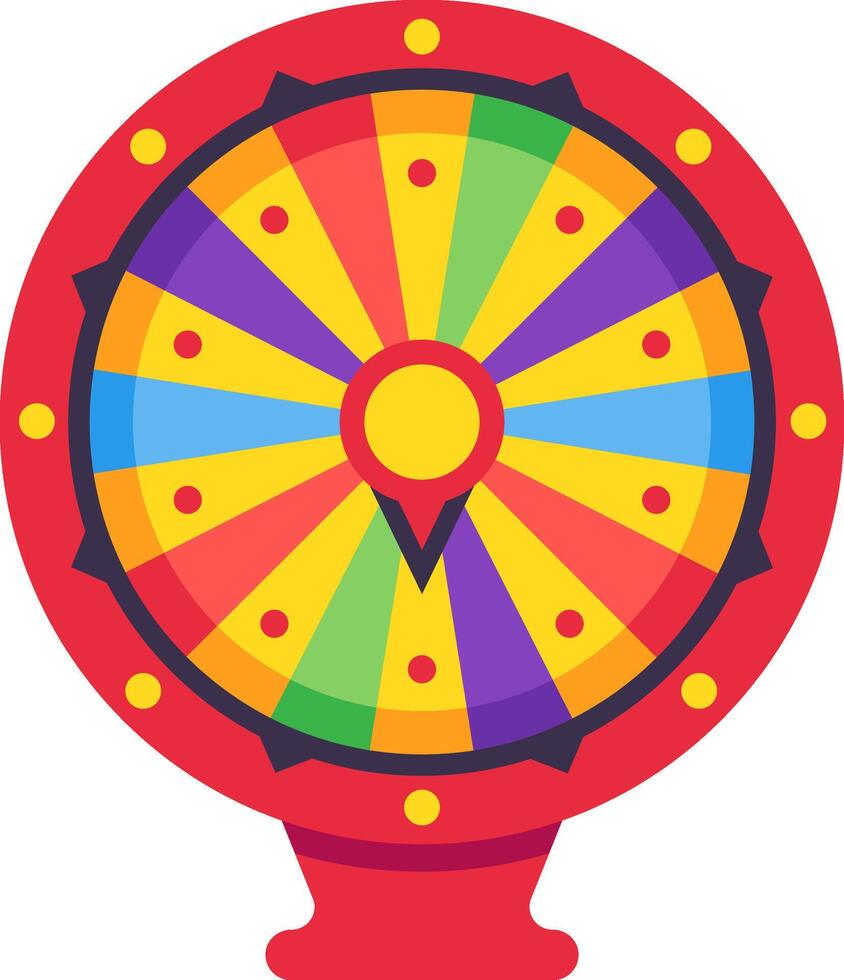 Fortune wheel spinning with many colored segments and a yellow pointer indicating winning options, creating excitement and anticipation for games, raffles, or contests vector