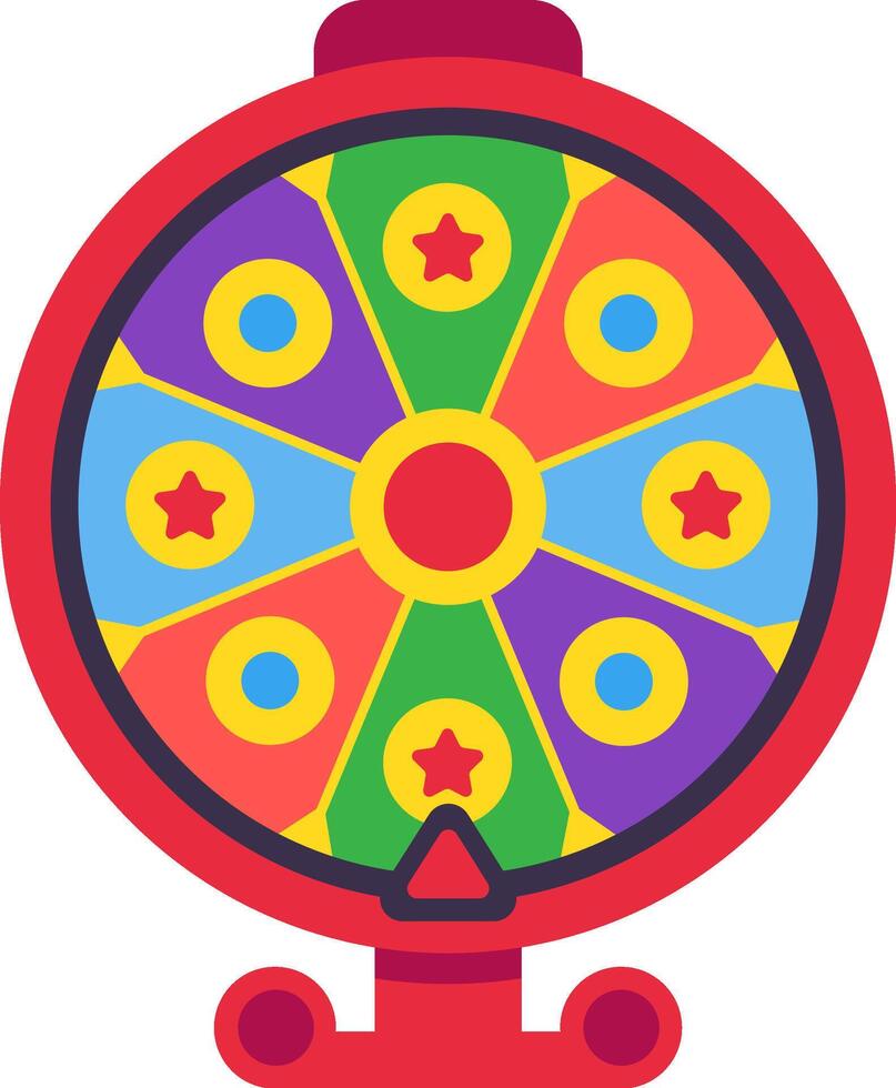 Spinning wheel with colorful segments and stars, offering random results for gambling, entertainment, or decision making, creating excitement and anticipation vector