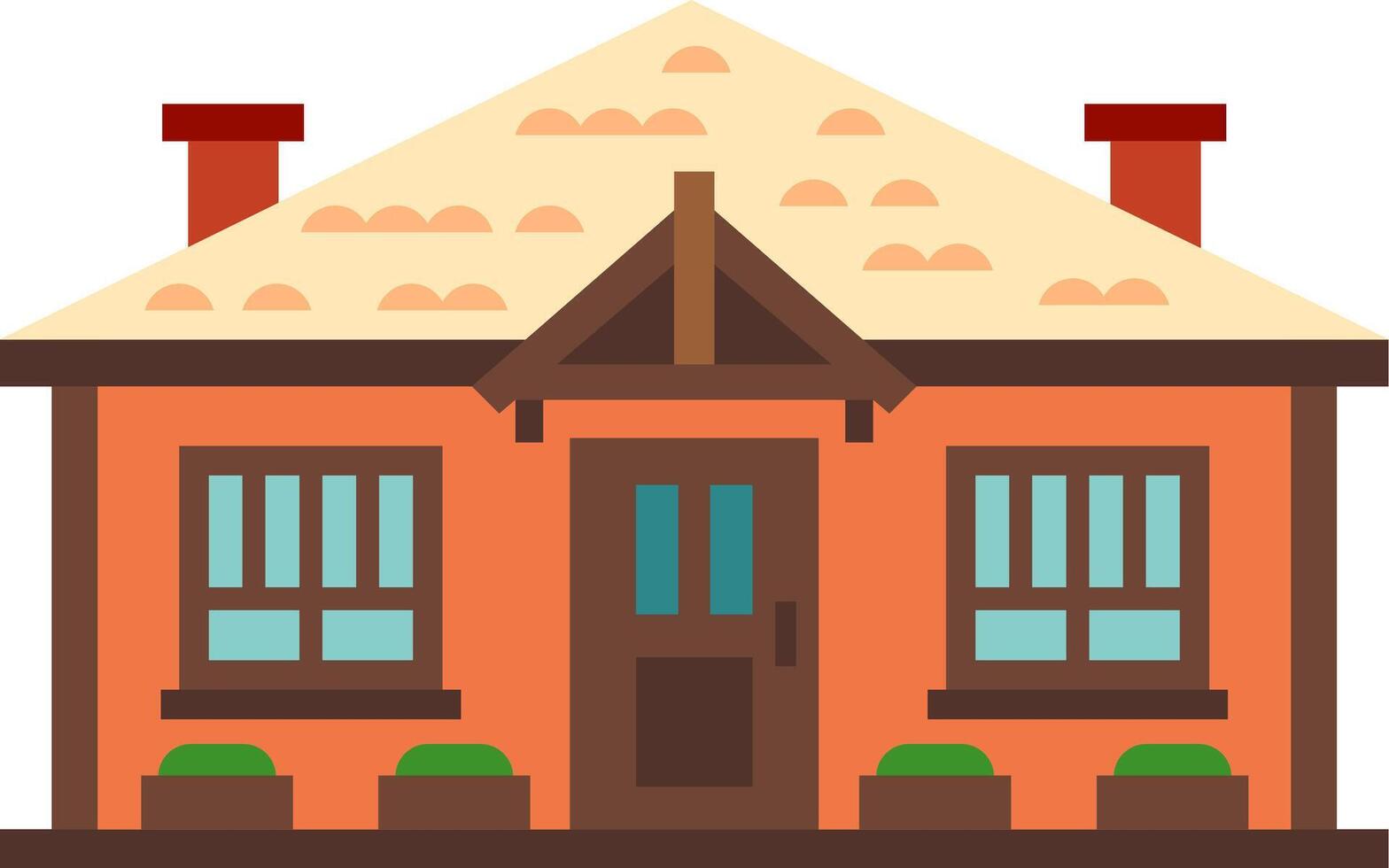 Simple illustration of a cozy orange house with a thatched roof, two chimneys, a wooden door and windows, and potted plants, representing concepts of home, family, and real estate vector