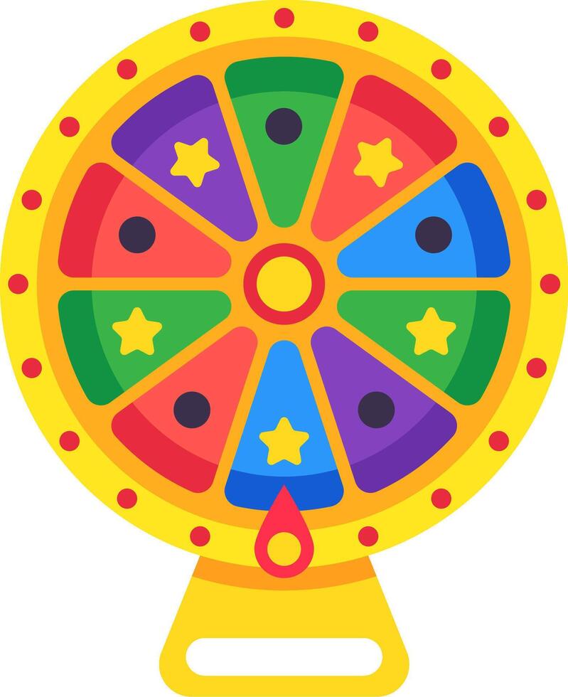 Colorful wheel of fortune is spinning with colored segments, stars and dots, creating excitement and anticipation for lottery, raffle or game show vector