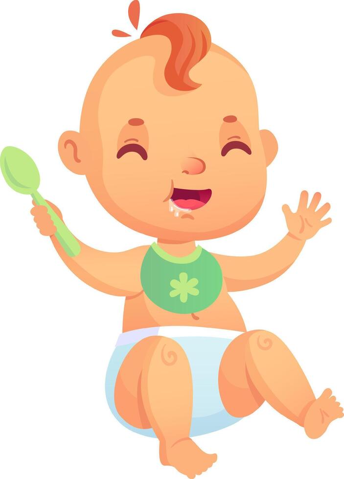 Cute little baby wearing a diaper and bib, happily holding a spoon, drooling while waving and smiling, sitting cheerfully against a clean white background vector