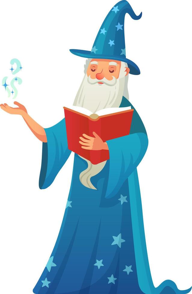 Old wizard with long white beard and blue wizard hat and robe casting a magic spell with his hand while reading a spell from a red magic book vector