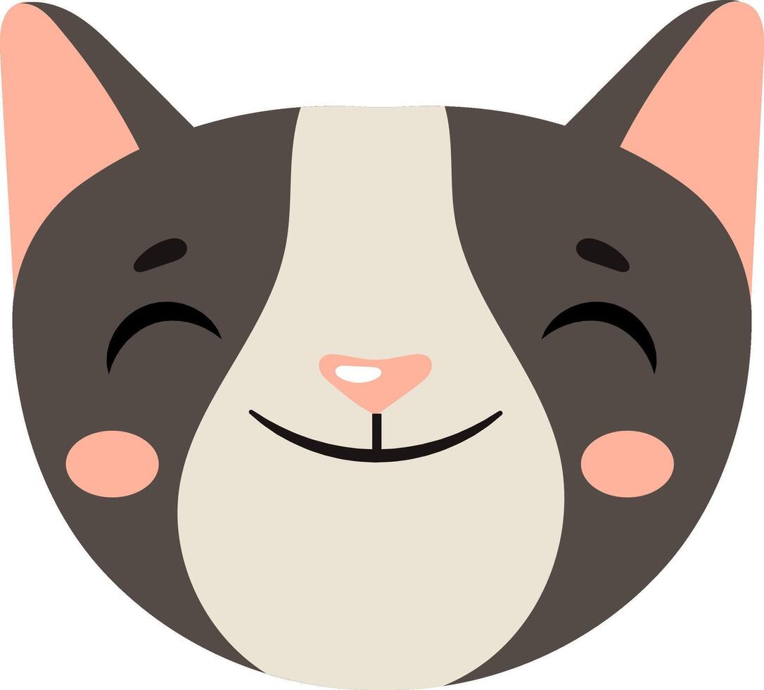 Adorable cartoon cat face with a big smile and rosy cheeks. The design features a simple, cute style with a neutral color palette, perfect for children's illustrations or playful designs vector