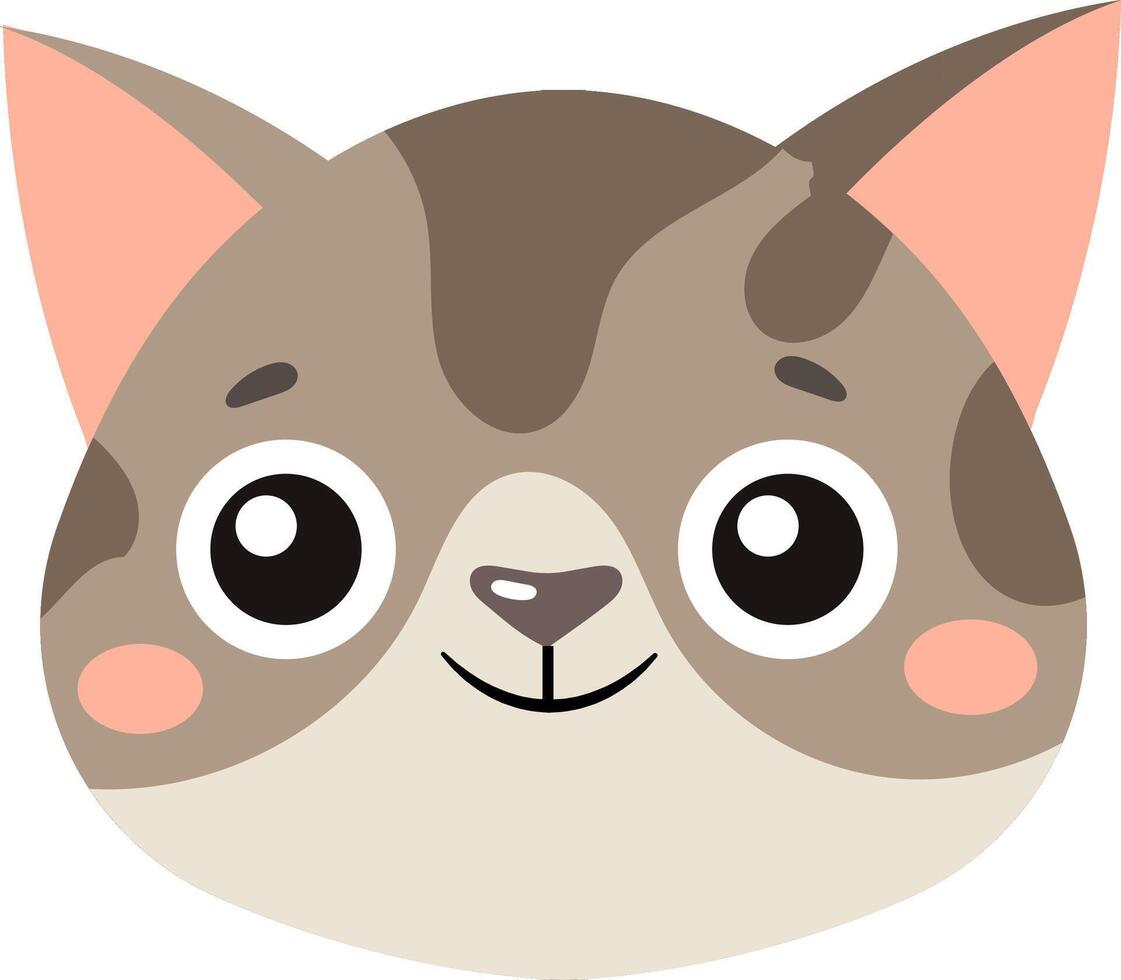 Adorable cartoon cat face with large, expressive eyes and a friendly smile. Features include pink cheeks and a simple, playful design, perfect for children's illustrations and pet themed graphics vector