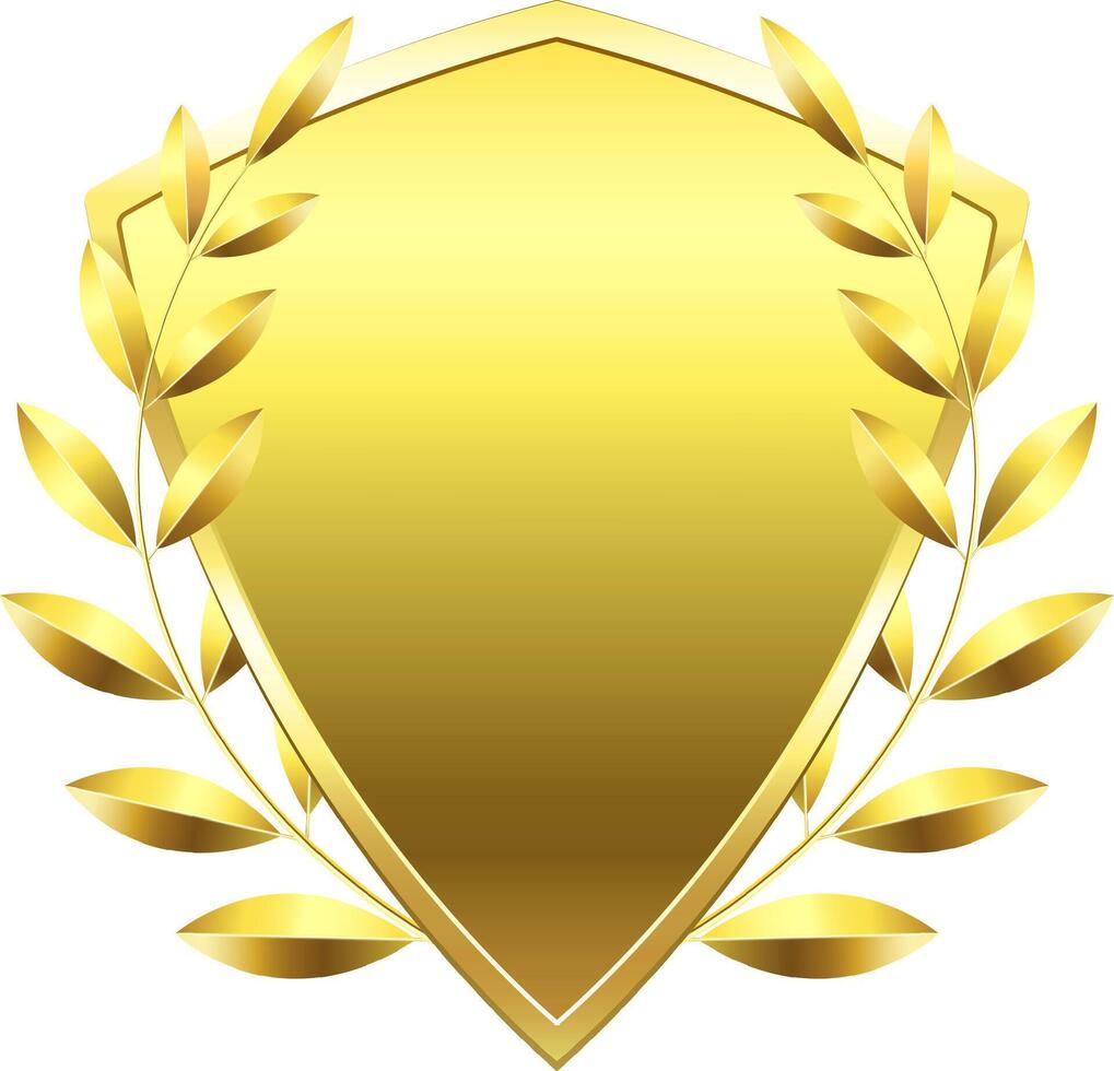 Golden laurel wreath is embracing a bright gold shield, creating a symbol of victory, honor, and achievement, suitable for awards, logos, and emblems vector