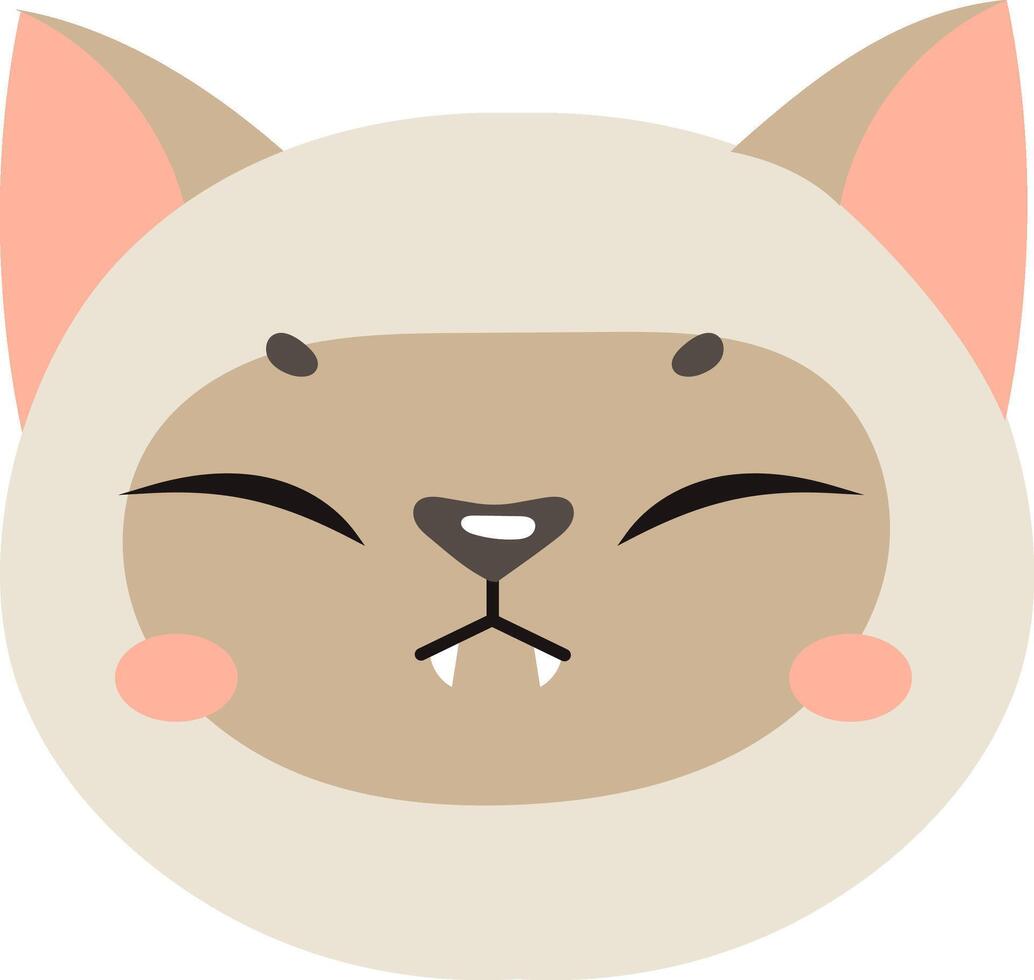 Adorable cartoon style cat face with prominent fangs and rosy cheeks, featuring a playful expression. The simplistic design highlights the charming and whimsical nature of the character vector