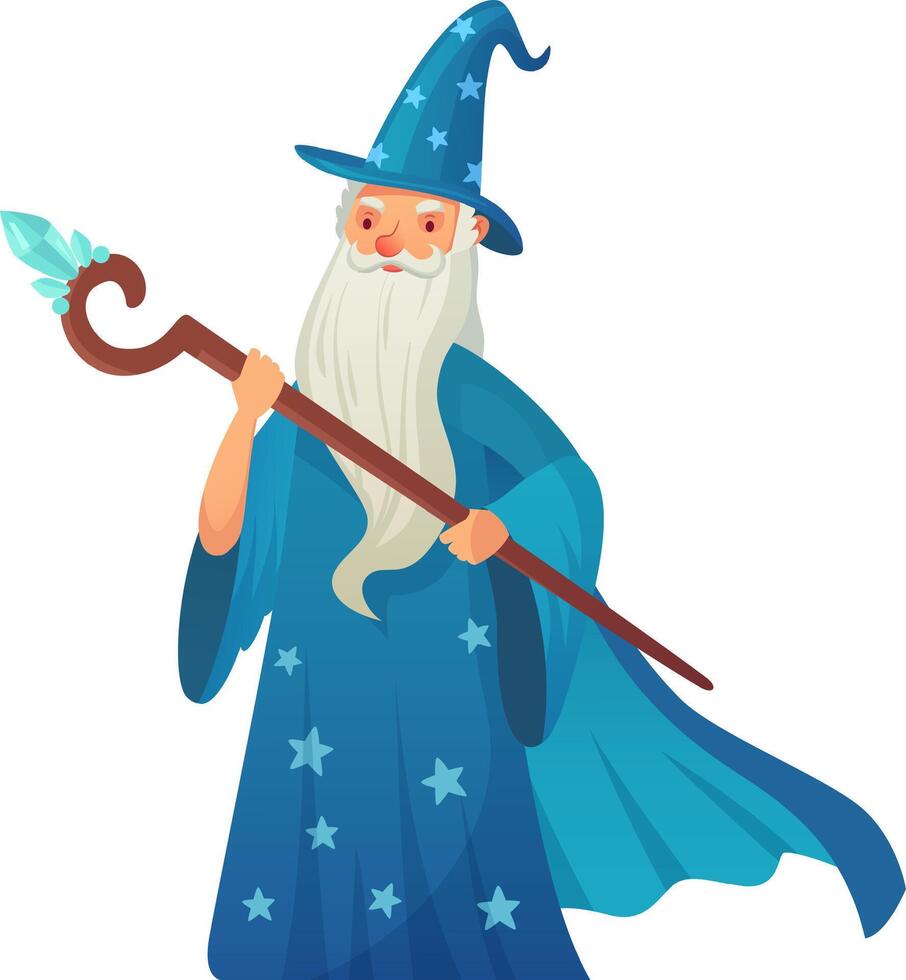 Cartoon wizard dressed in a vibrant blue robe and hat, holding a magical staff topped with a shimmering crystal, casting a powerful spell in a whimsical fantasy illustration vector