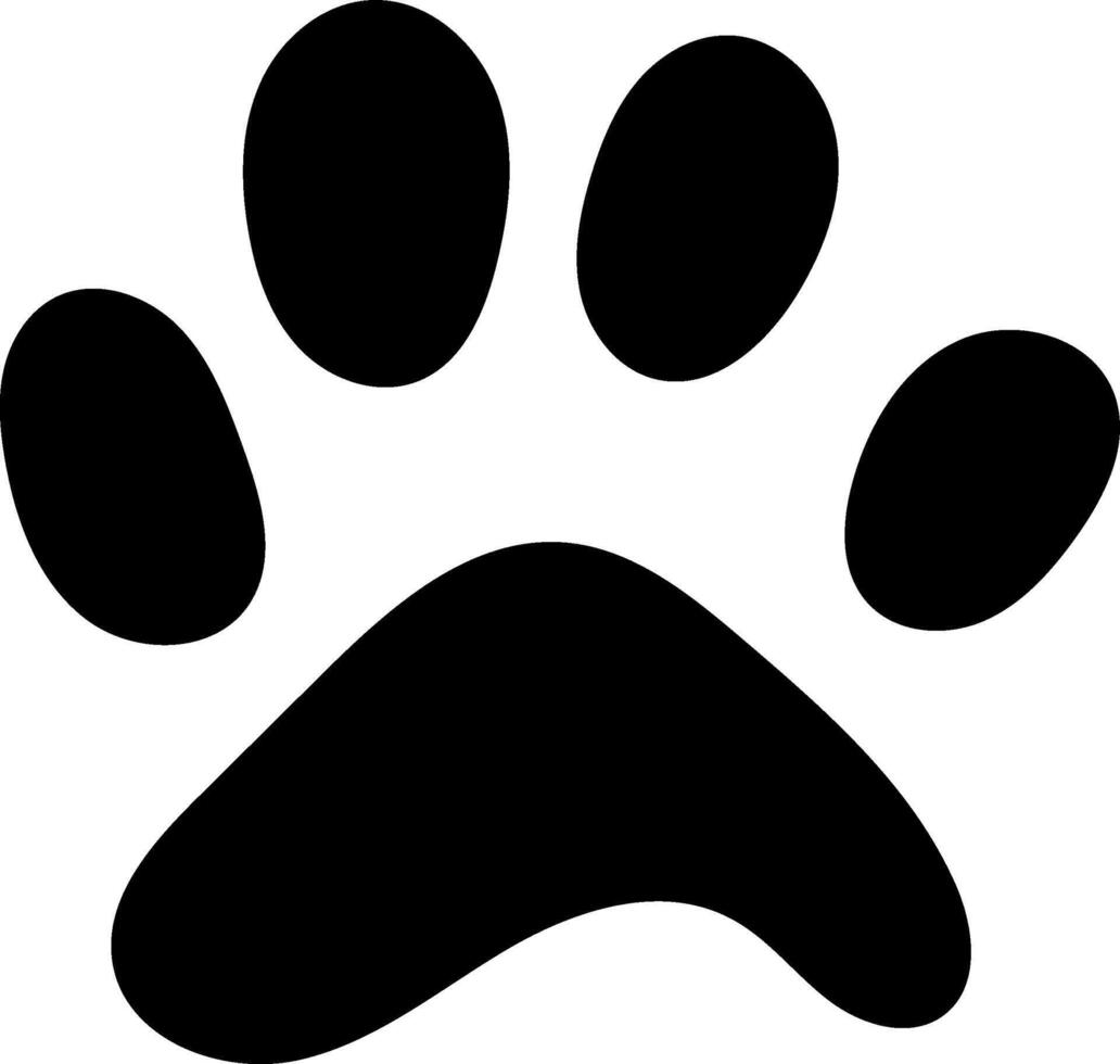 Black paw print featuring four toes and a pad, isolated on a white background, symbolizing the essence of animals, pets, dogs, and cats in a simple, clean design vector