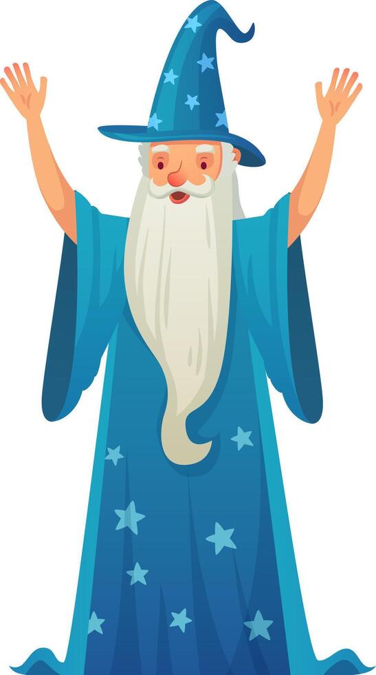 Old kind wizard with long white beard wearing blue robe and magician hat with stars raising hands in cheerful greeting gesture standing on white background vector