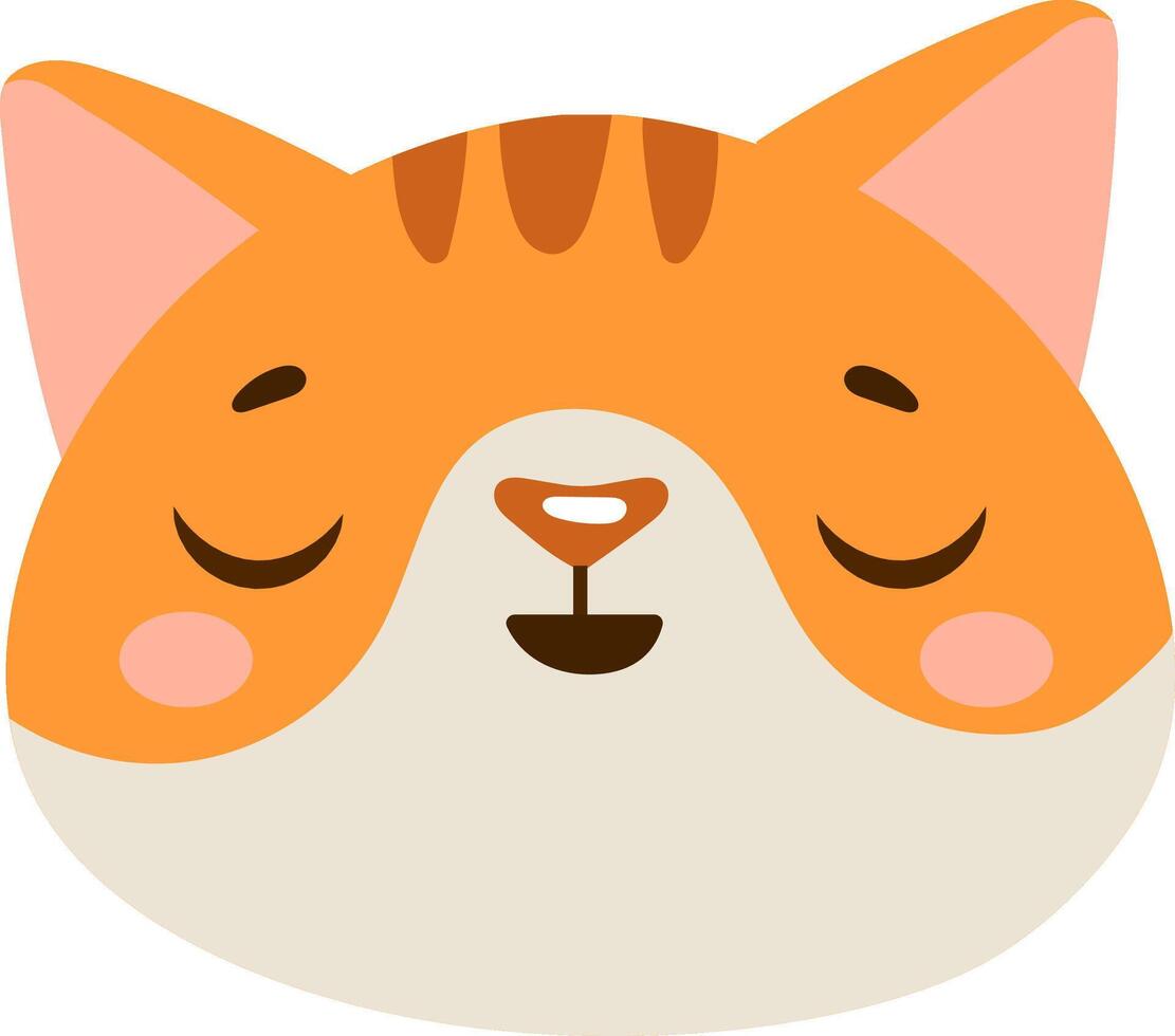 Cute cartoon illustration of an orange cat face with closed eyes and a content expression. The simple design features soft colors and rounded shapes, perfect for children's materials vector