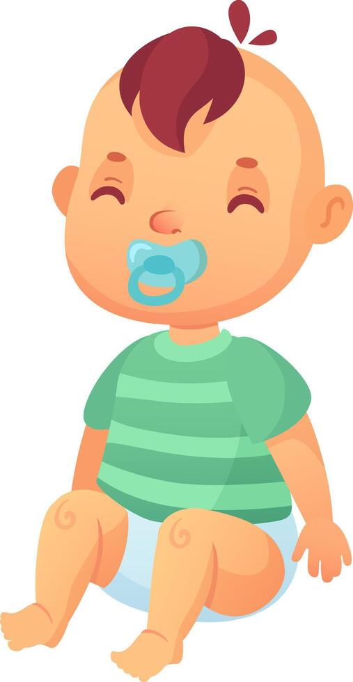 Cartoon baby wearing a diaper and a green striped t shirt, holding a pacifier in its mouth, sitting with legs bent and eyes almost closed on a white background vector