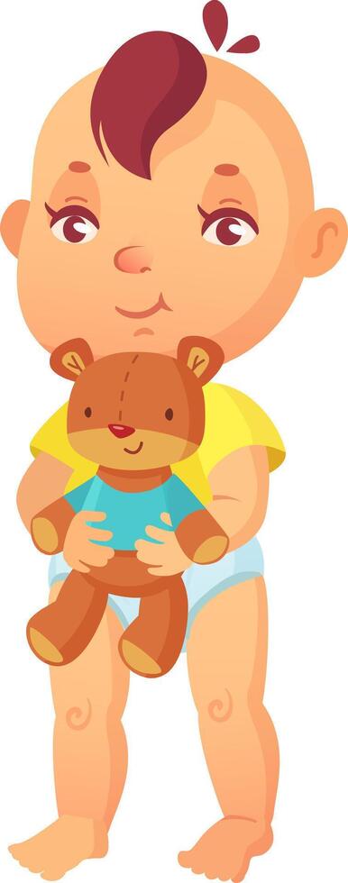 Cute baby wearing diaper and t shirt standing and holding a teddy bear, isolated on white background, ideal for childcare, parenting and baby product themes vector