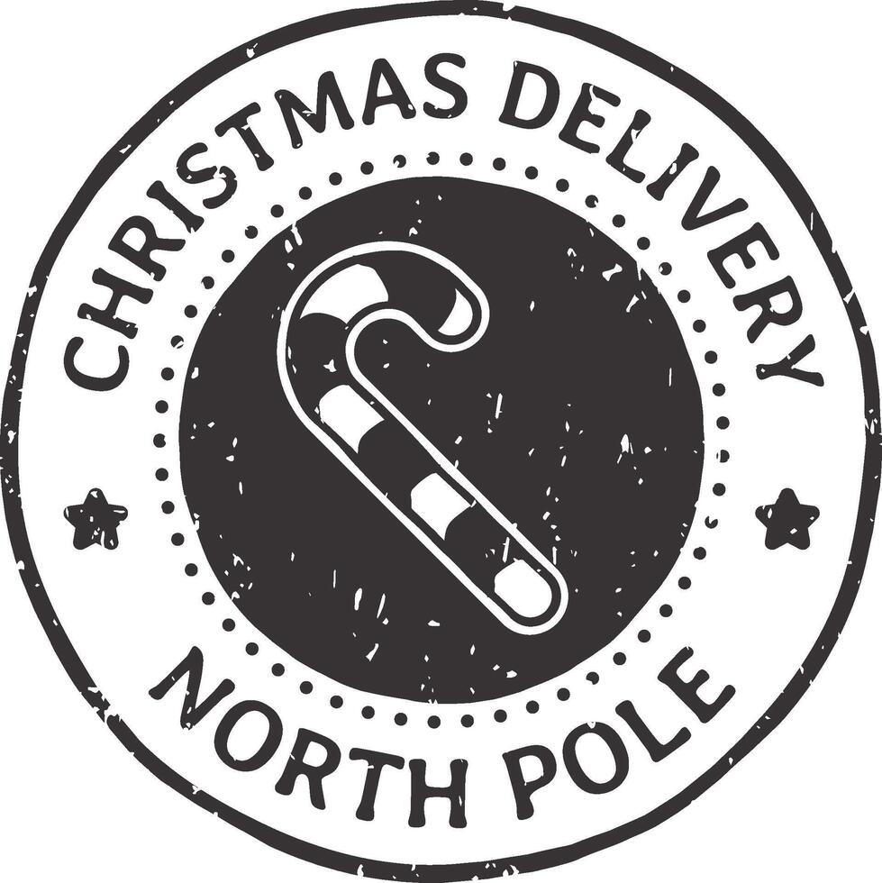 Round black and white Christmas delivery stamp coming from North Pole with candy cane inside and white stars around, useful for Christmas advertising vector