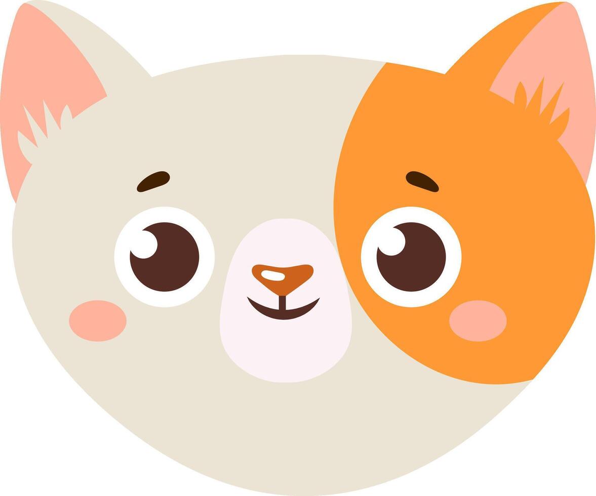 Cute cartoon cat face featuring a playful design with a distinctive orange patch over one eye. The illustration showcases large expressive eyes and a friendly smile, perfect for children's themes vector
