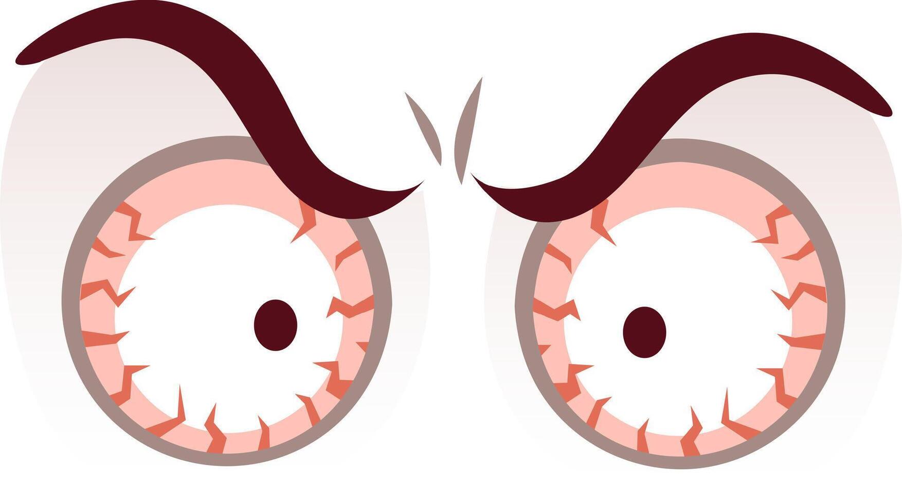 Cartoon drawing of bloodshot eyes expressing anger and stress, featuring furrowed brows and red irises, conveying intense emotion and potential health issues vector
