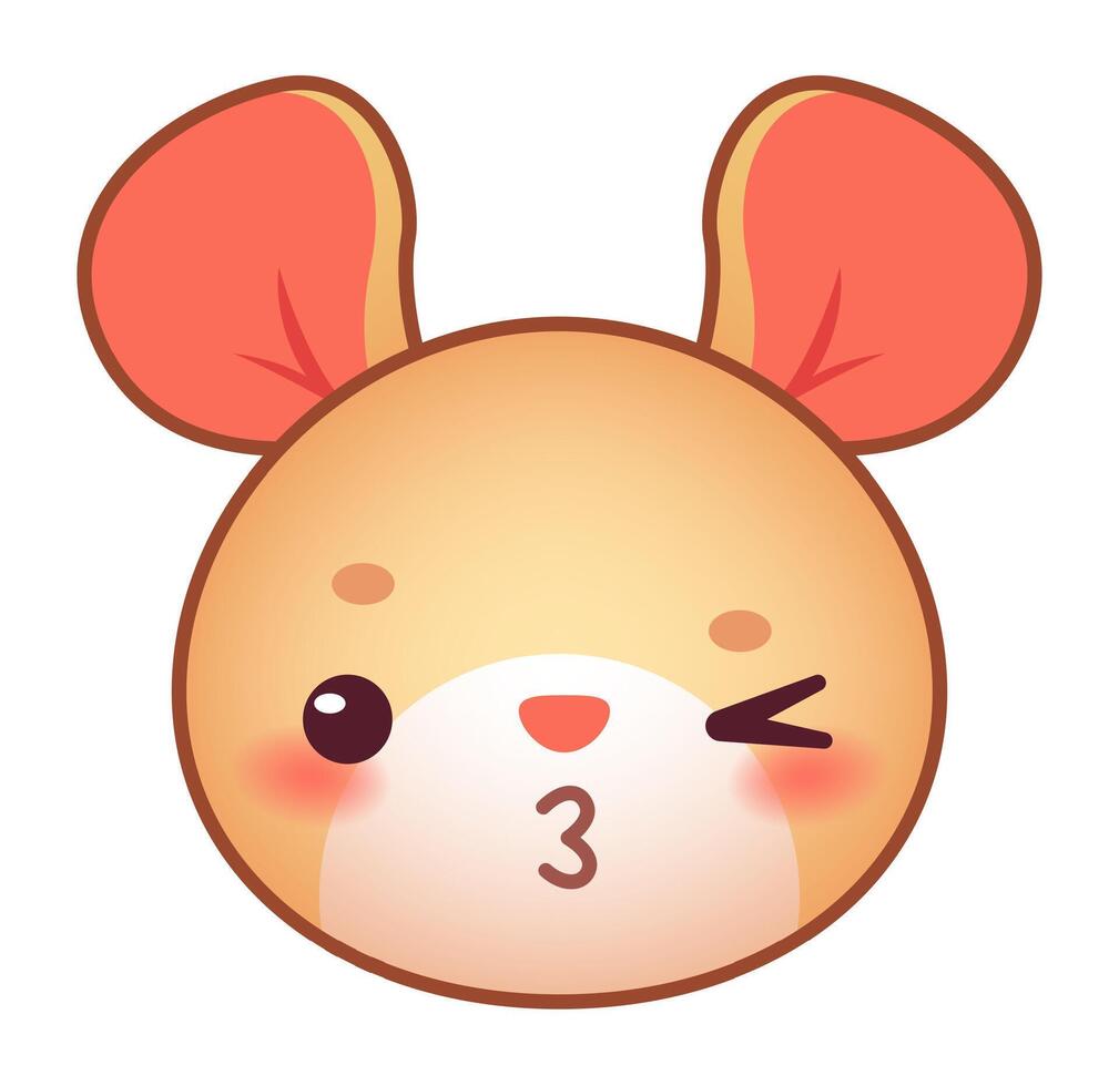 Adorable cartoon mouse blowing a kiss with a kawaii expression, featuring rosy cheeks and closed eyes, conveying affection and charm in a playful, whimsical style vector