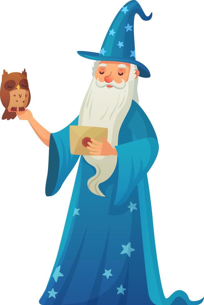 Old wizard with long white beard holding an owl and a letter with a magical seal, wearing a blue robe and hat with stars, isolated on white background, full body portrait, cartoon style illustration vector