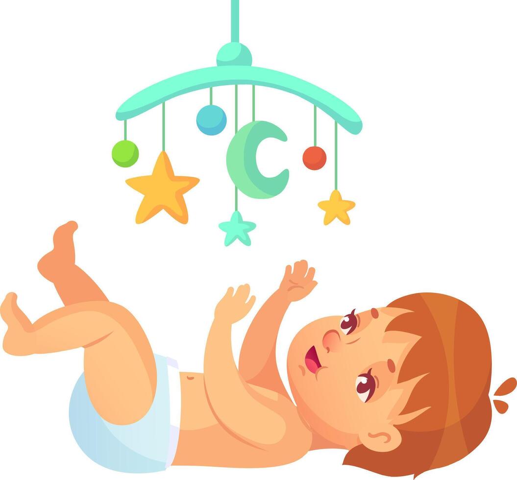 Adorable baby lying on its back, kicking legs and reaching for a colorful mobile with stars, moon and ball shapes, providing early childhood stimulation and entertainment vector