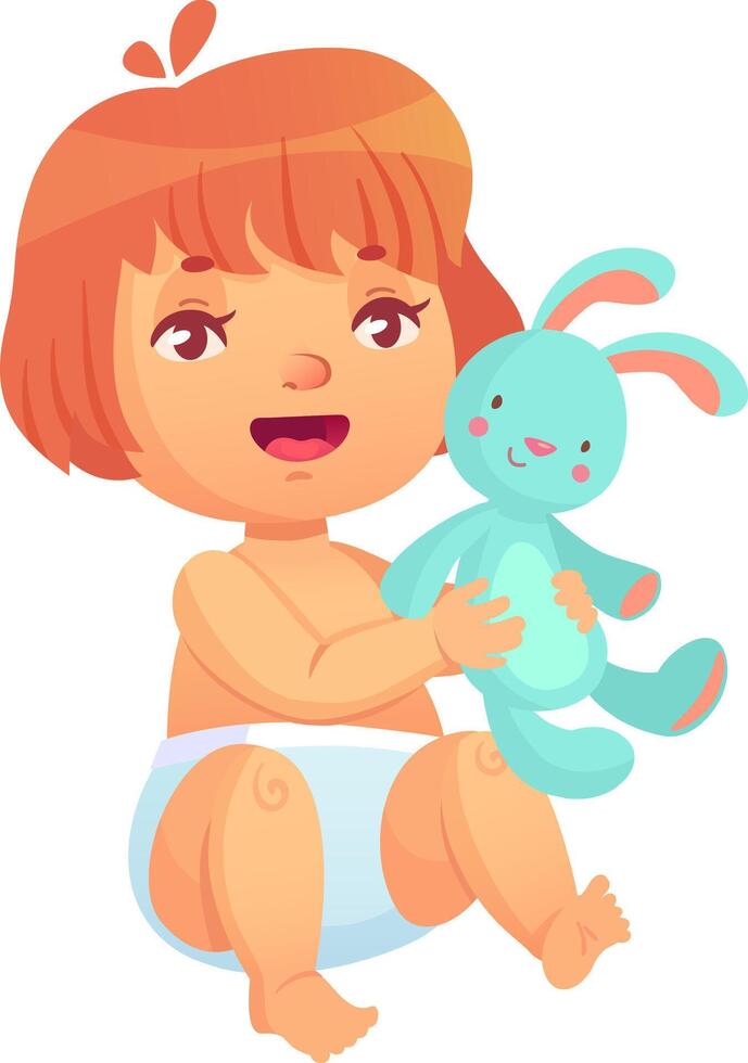 Happy baby sitting and hugging soft toy rabbit, wearing diaper, isolated on white background, childcare and parenthood, happy childhood concept vector