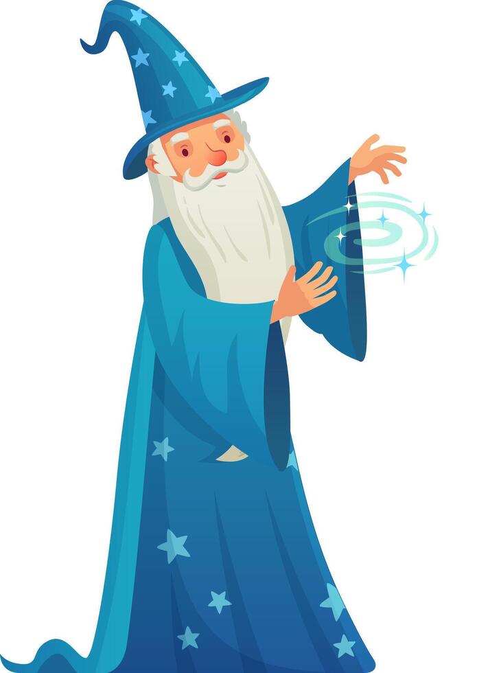 Old wizard wearing a blue magic hat and cloak decorated with stars is casting a spell using his hands and a magic wand, creating a vortex of glowing magical energy vector