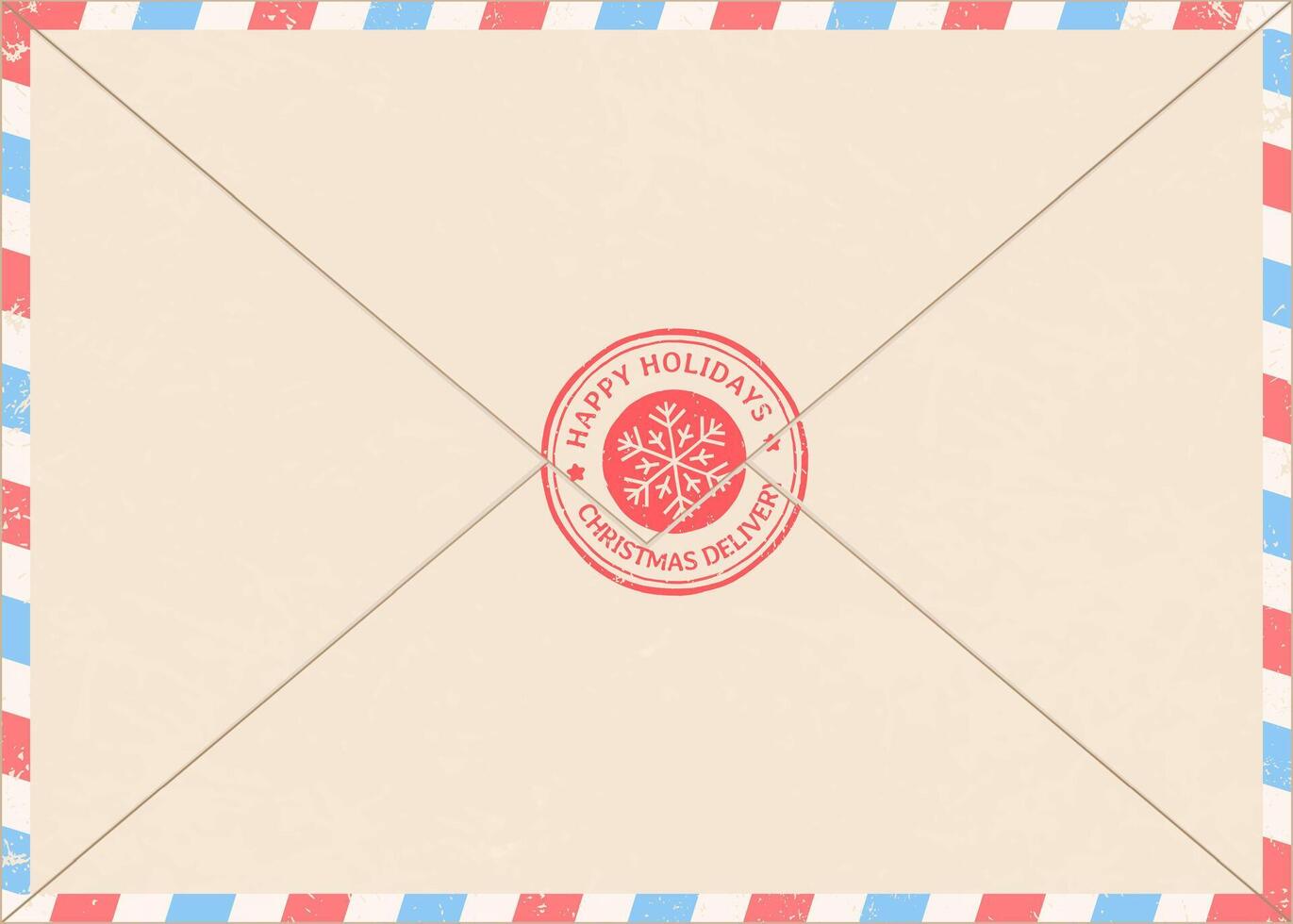 Closed christmas delivery air mail envelope with happy holidays postmark showing snowflake and red and blue striped border is waiting to be sent vector