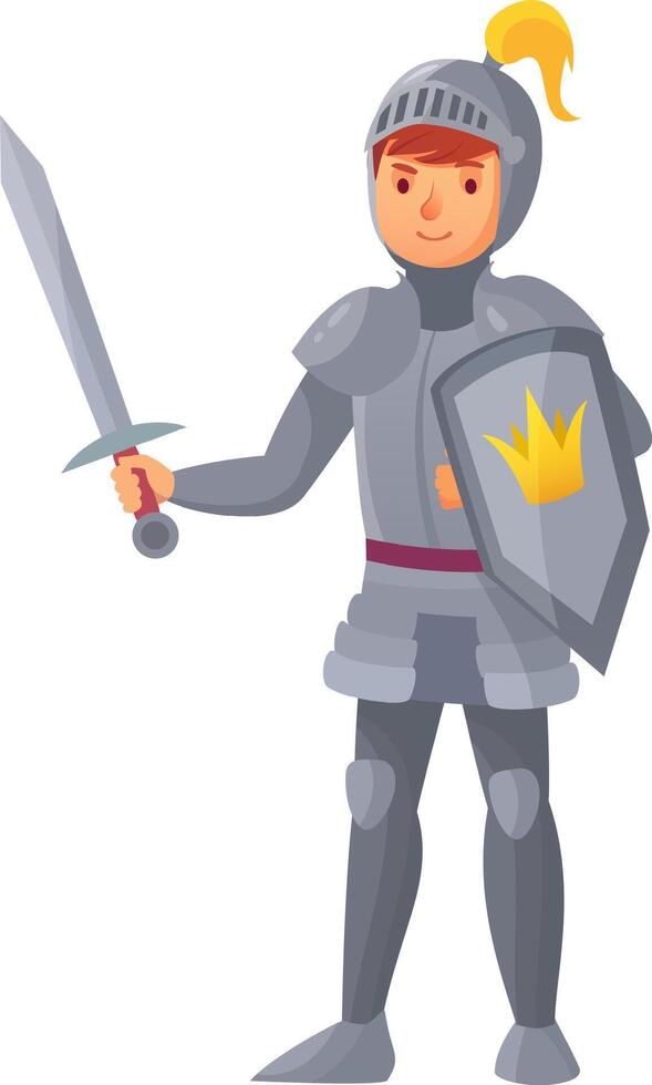 Cartoon illustration featuring a medieval knight clad in shining armor, confidently holding a sword and shield, adorned with a regal crown against a clean white background vector